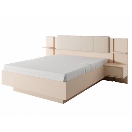 Łóżko 160 x 200 cm stelaż metal pojemnik stoliki + LED beż DAVE